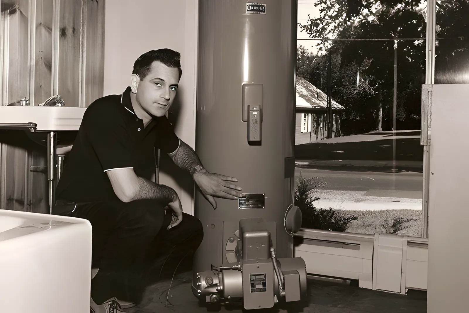 A Gottier technician installing a water heater in the 1960s